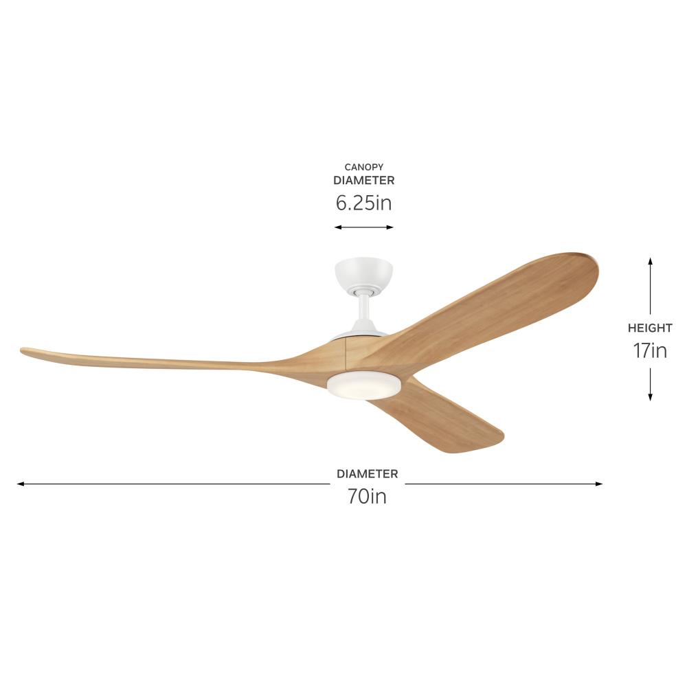 70 in Mylo Ceiling Fan with Satin Etch Cased Opal Glass in Matte White with White Maple Wood Blades
