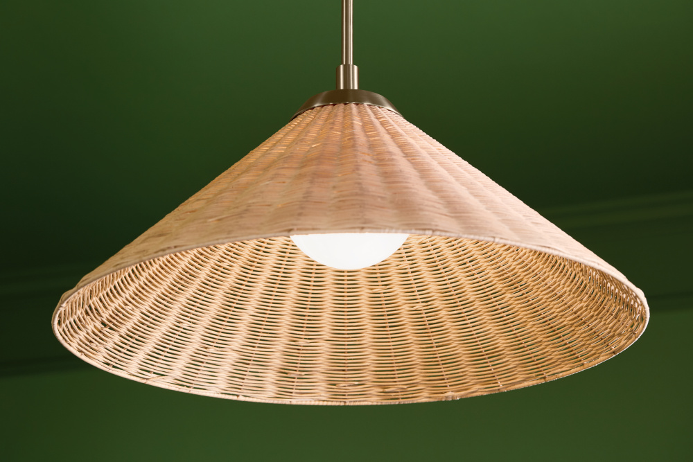 Bekah 24.25" 1 LT Convertible Pendant with Opal Glass and Handwoven Rattan Shade in Champagne Br