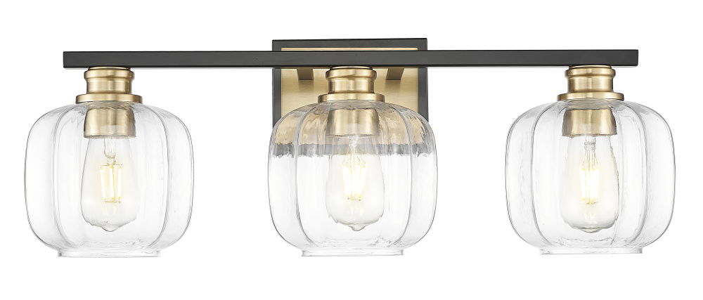 Oxley 25 in. Matte Black and Brass 3-Light Vanity With Clear Glass Globes